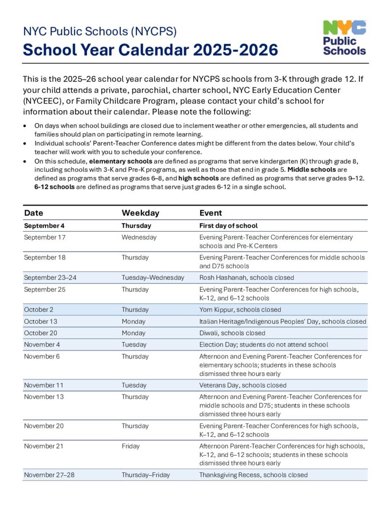 School Calendar for School Year 2025-2026